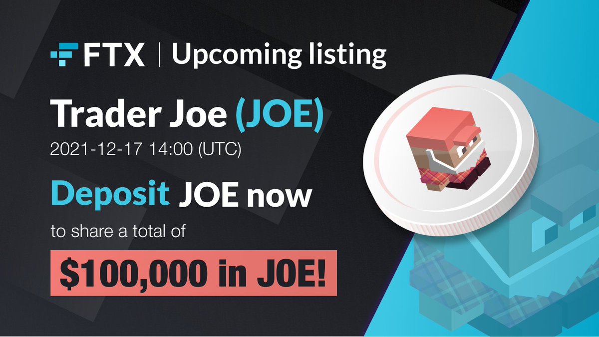 FTX will list $JOE spot! 
@traderjoe_xyz

Deposit JOE to share a total of $100,000 in JOE! 
Campaign details: help.ftx.com/hc/en-us/artic…