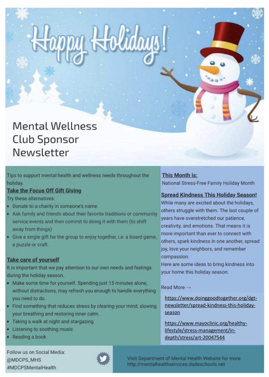 MBSHPsychClub's tweet photo. Happy Thursday Hi-Tides! 🌊

Here are some tips to support Mental Health &amp; Wellness needs for the holidays ☃️

Visit the Department of Mental Health Website for more https://t.co/StdCEO2uc4

@MDCPS_MHS 
#mdcpsmentalhealth 🧠 https://t.co/ZEcbb3i1Mf