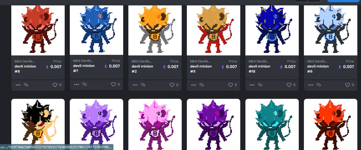 Pixel8Club1's tweet photo. Promo B1T1 and price dropped.
Devil Minions Collections has dropped its price at 0.007.

Check them all out.
https://t.co/azgacA6Ank

#NFTCommunity #NFT #NFTdrop #nftcollectors #opensea #PolygonNFTs https://t.co/AzGaTXLr7O