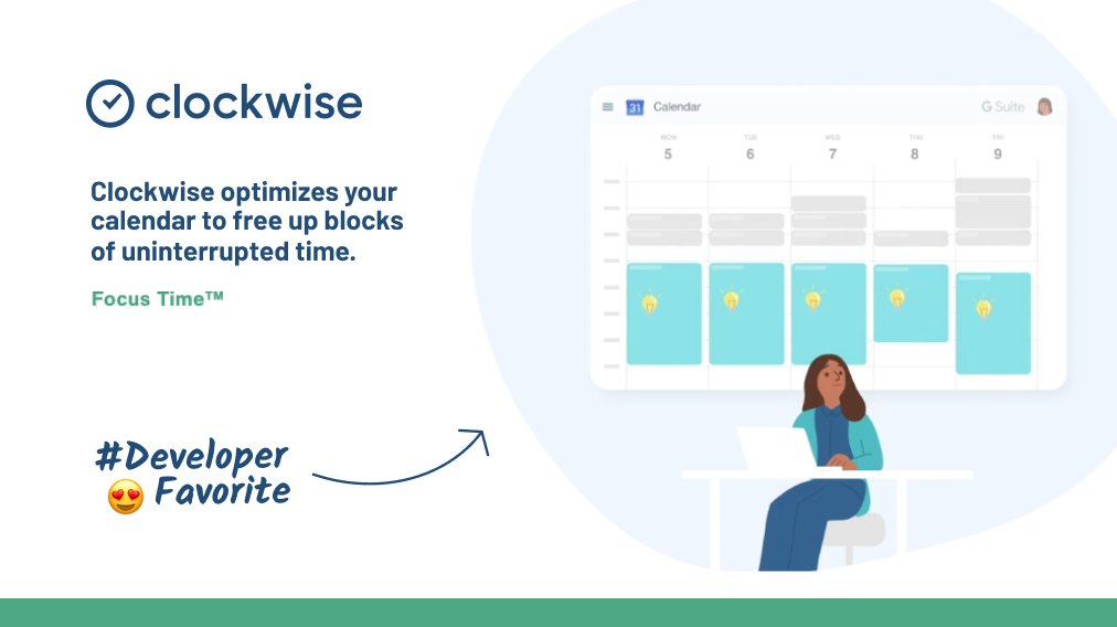 prisma's tweet image. 😍 Today&apos;s #DeveloperFavorite is @getclockwise! 

⏲ It allows our engineers to have focused coding time and design their day around how they work best

...while also aligning personal and work calendars to make sure they don&apos;t miss taking time off 😉

📈 getclockwise.com