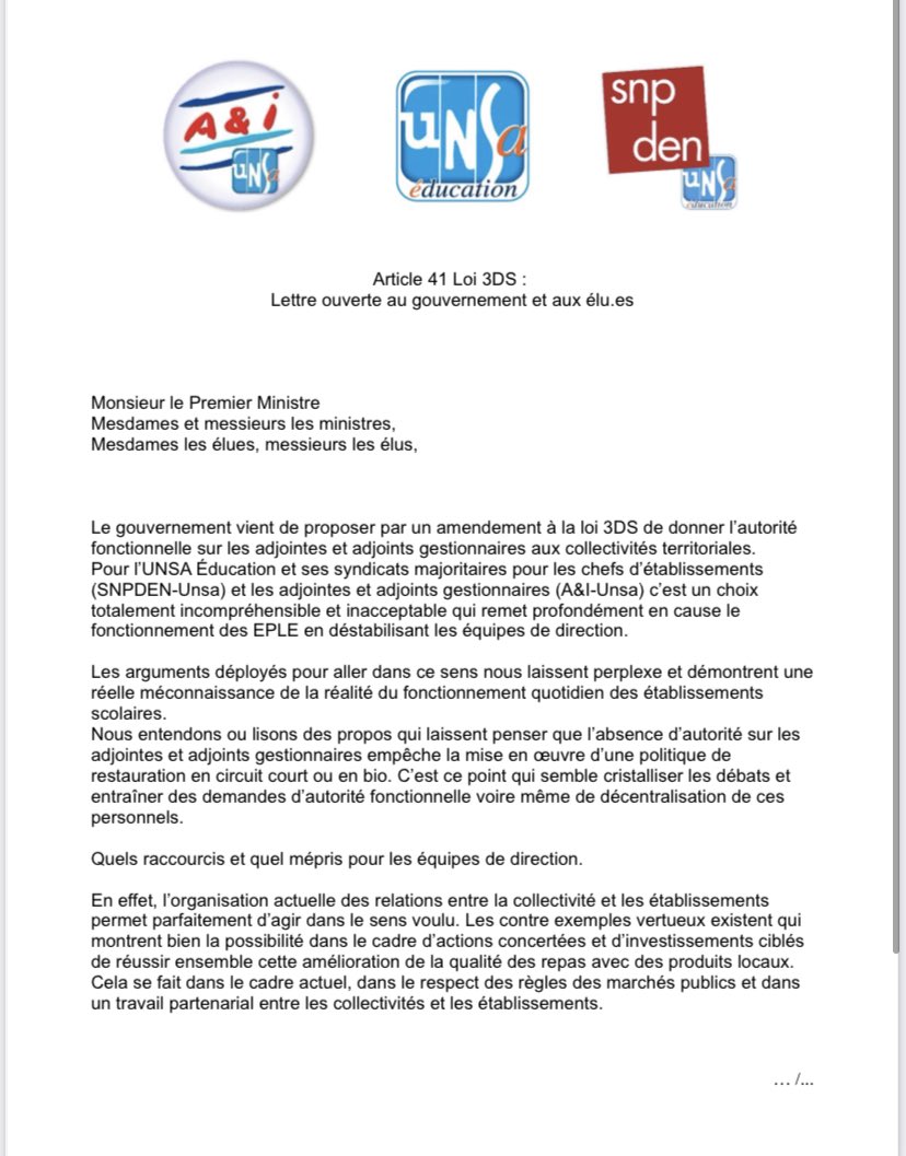 FMarchandfred's tweet photo. Autorité fonctionnelle des collectivités sur les adjointes et adjoints gestionnaires Lettre ouverte @aeti_unsa @snpden @UNSA_Education #loi3ds @Regionsdefrance @ADepartementsF @JeanCASTEX @gouvernementFR @j_gourault https://t.co/mYm4f0uPZE