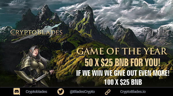 CryptoBlades's tweet photo. ⚔️#CryptoBlades is nominated for the Best #PlayToEarn Blockchain Game of 2021! 

🙏We wouldn't be here without the help and motivation from our community! Thank you all so much!

▶️VOTE HERE: https://t.co/VVEngajDNU
▶️Giveaway: https://t.co/JO4UZhyCdF

#Crypto #SKILL #KING #BSC https://t.co/yBdRkltzaa