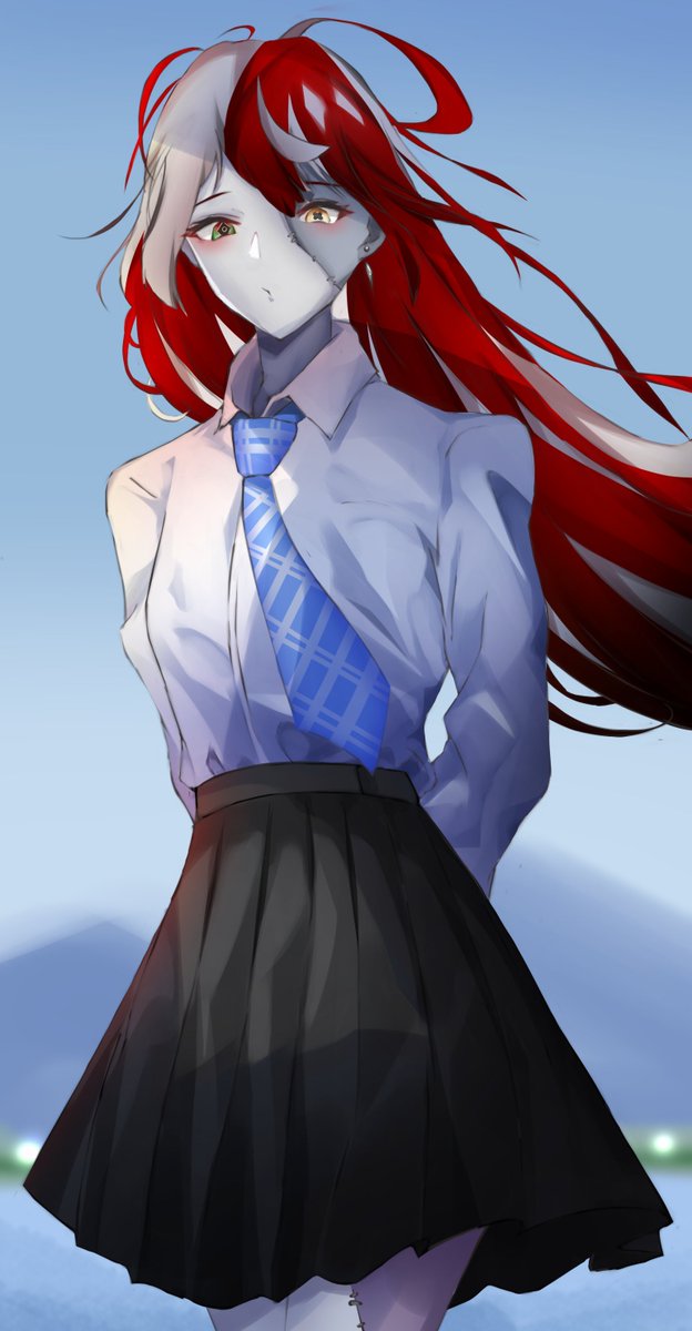 kureiji ollie 1girl solo red hair zombie skirt necktie stitched face  illustration images
