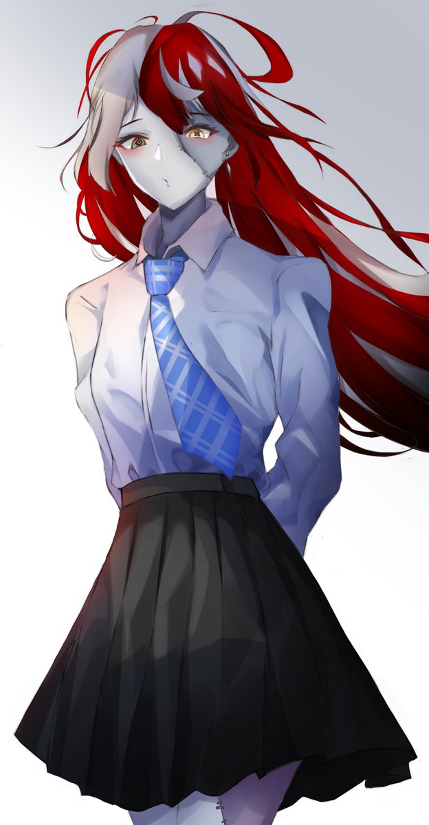 kureiji ollie 1girl solo red hair zombie skirt necktie stitched face  illustration images