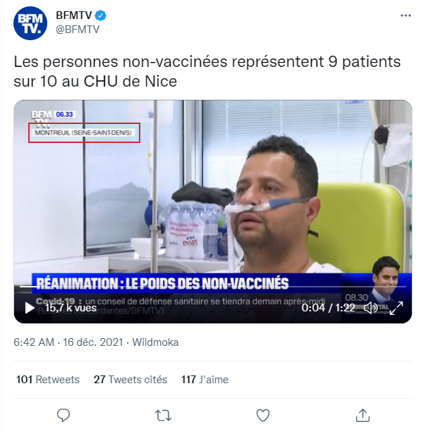 hoaxbuster's tweet photo. #Manipulation : les captures censées montrer un même malade dans des hôpitaux différents sont volontairement trompeuses.

Il s'agit de la même personne ET du même service, le tweet de @BFMTV se réfère à une autre partie du reportage.
Source : https://t.co/2c19naRypk https://t.co/hRXo88hw17