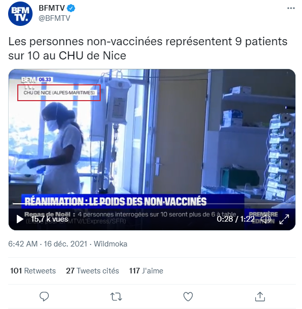 hoaxbuster's tweet photo. #Manipulation : les captures censées montrer un même malade dans des hôpitaux différents sont volontairement trompeuses.

Il s'agit de la même personne ET du même service, le tweet de @BFMTV se réfère à une autre partie du reportage.
Source : https://t.co/2c19naRypk https://t.co/hRXo88hw17