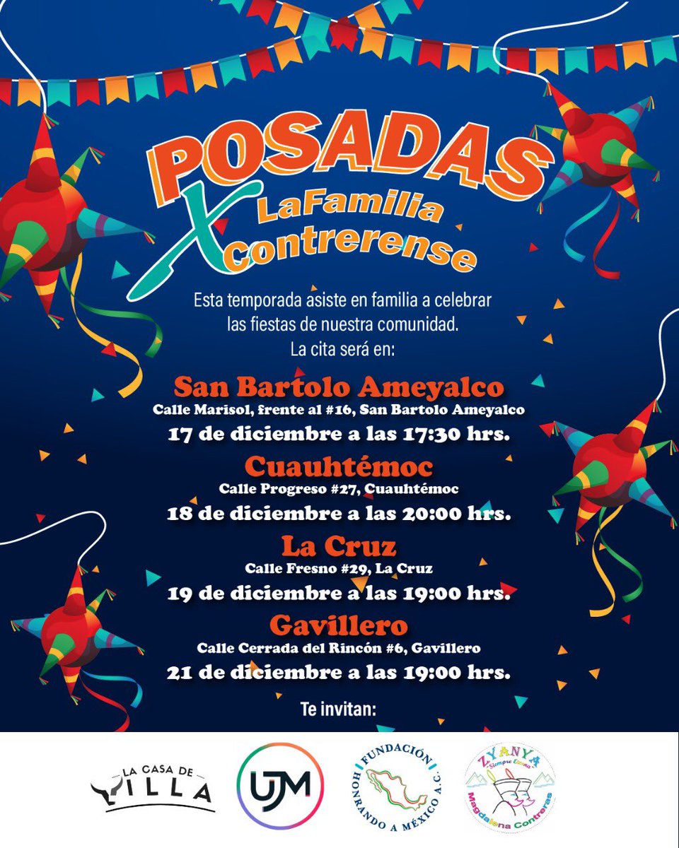 UJM_CDMX's tweet photo. ¡Te esperamos para celebrar juntos esta temporada de posadas!
Familia Contrerense ubica tu colonia más cercana y aparta la fecha.

#MagdalenaContreras #UJM #FamiliaUJM #FamiliaContrerense https://t.co/eqIcNht86o