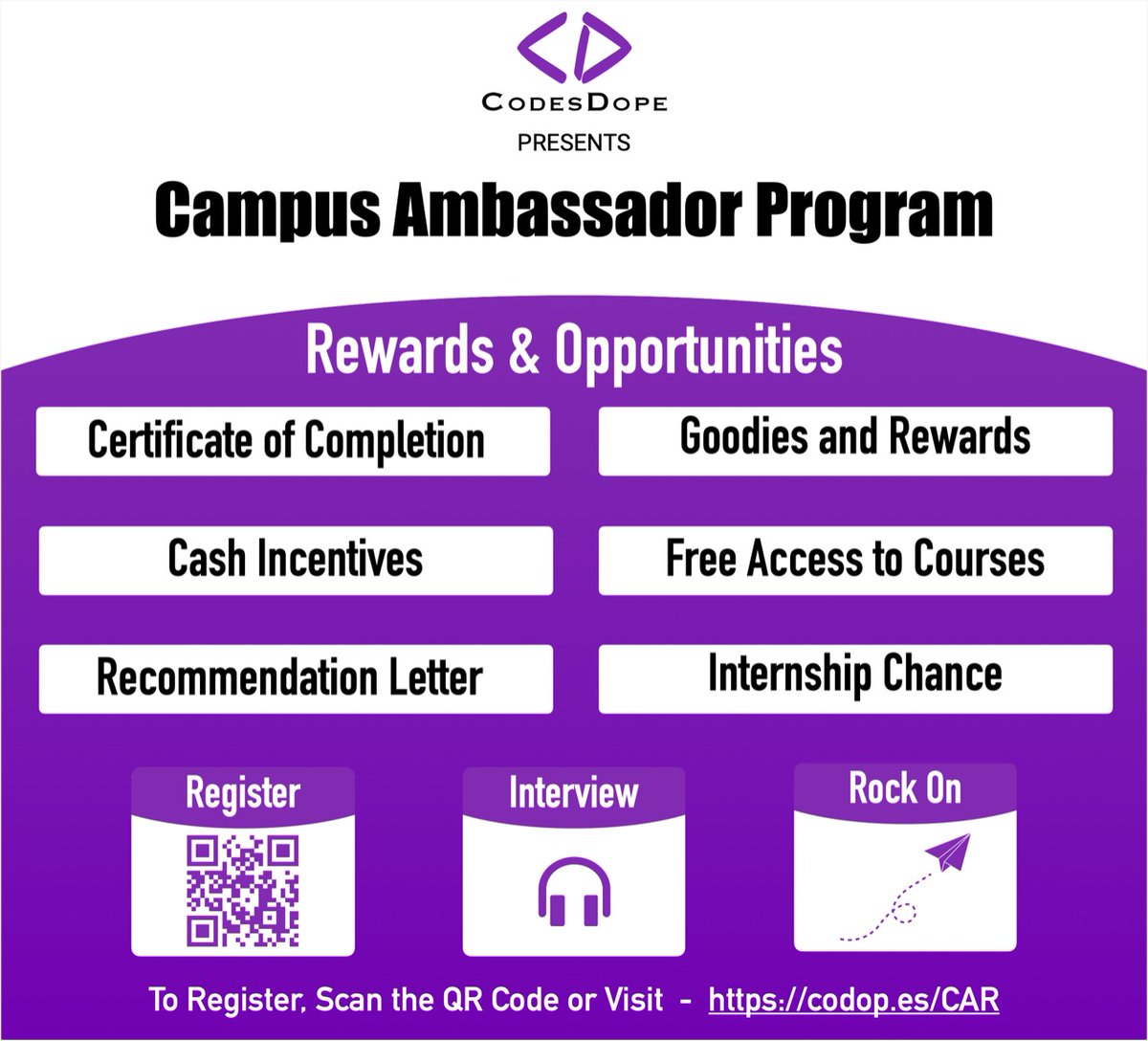 CodesDope's tweet image. We&apos;re Hiring! Join our team of Campus Ambassadors and get a chance to gain various learning opportunities, exciting rewards and goodies, and more.
Apply - codop.es/campus-ambassa…
#Hiring #HiringNow #CampusAmbassador