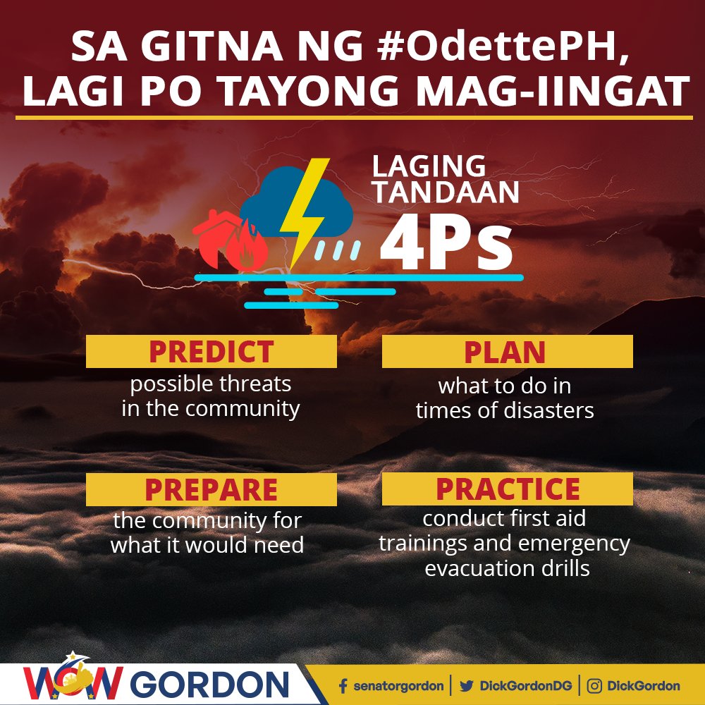 DickGordonDG's tweet photo. OJO! Narito ang ilang paalala ngayong nasa Philippine Area of Responsibility na ang bagyong #OdettePH.

Ang lahat ay pinapayuhan natin na makinig sa balita, ihanda ang mahahalagang gamit kabilang ang mga gamot, at pumunta sa evacuation center kung kinakailangan. https://t.co/NQ3W8dYx0O