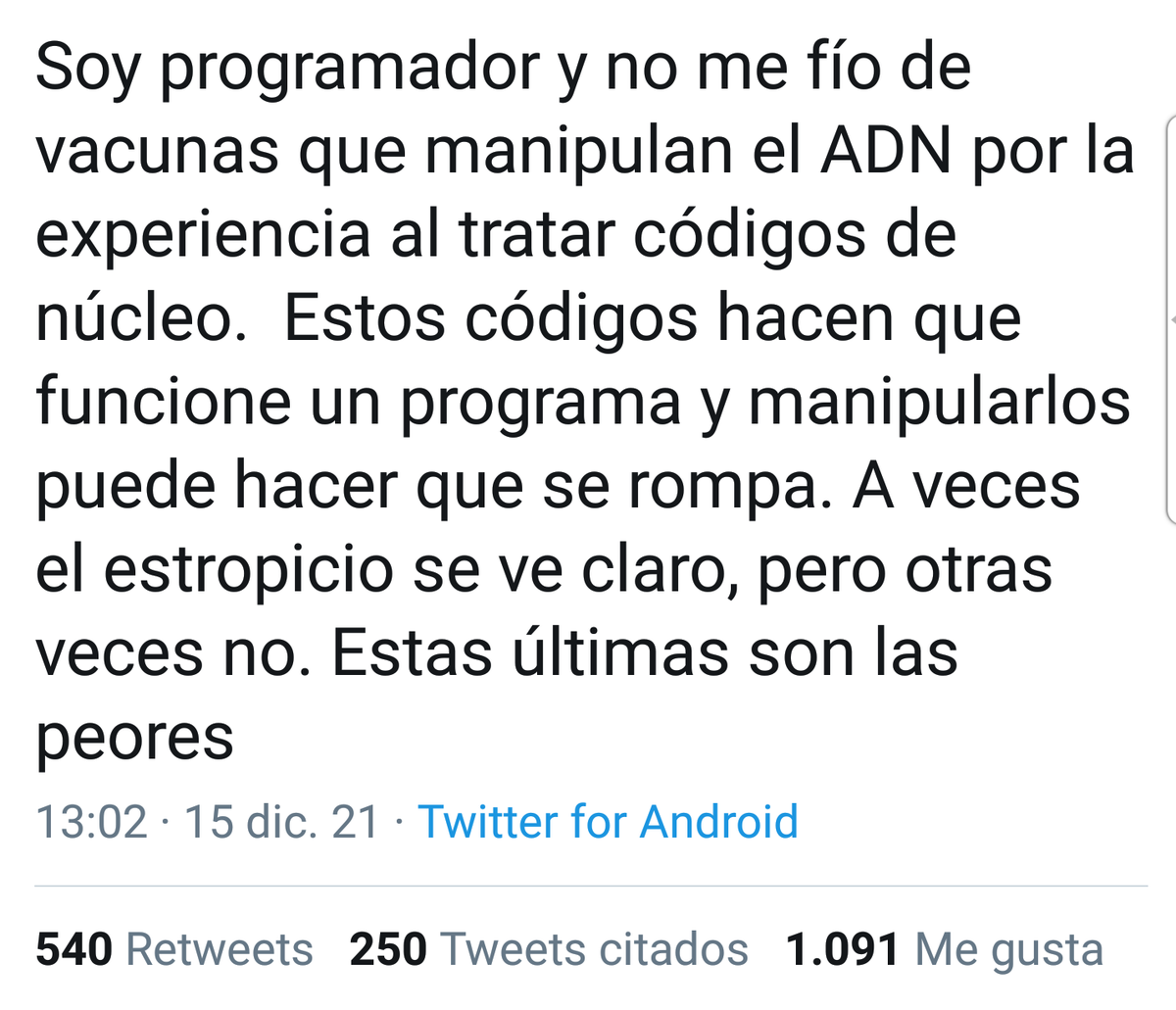 tallarines941's tweet photo. Soy biotecnóloga y, como no tengo ni idea de programación, es un tema del que no hablo para no meter la pata. Estaría guay que otros profesionales hiciesen lo mismo con la biotecnología. De donde vienes, manzanas traigo, dice esta persona... Y tan ancho. https://t.co/qWLa9XEpyt