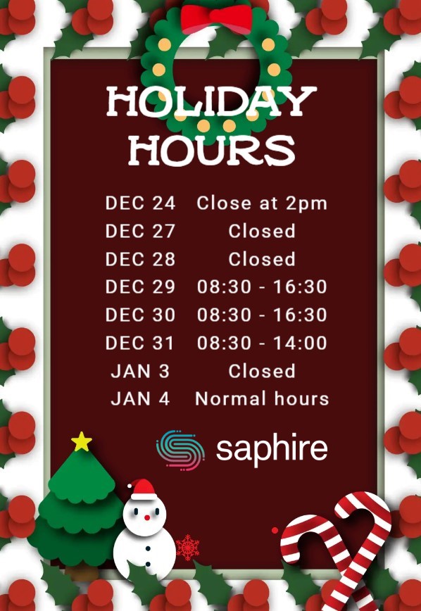 SaphireComputer's tweet image. Merry Christmas and a Happy New Year from all of us at Saphire! Please be aware of our opening hours during the Christmas period