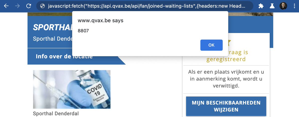 Via dit trucje kan je zien hoeveelste je in de rij bent op #qvax voor jouw vaccinatiecentrum (niet dat het uitmaakt, want is niet op volgorde):
1. Log in qvax
2. Typ "javascript:" (zonder quotes) in de adresbalk
3. Copy paste de code in de reply onder deze tweet
4. Druk op enter