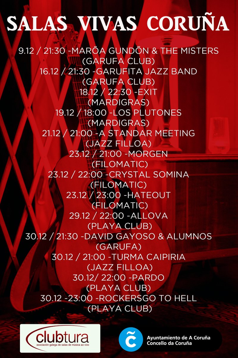 ClubturaGalicia's tweet image. Cinco salas, quince bandas, e o traballo de motivos profesionáis. Iso é #SalasVivas, un proxecto nacido do convenio co @ConcelloCoruna @playaclubcoruna @SalaMardiGras @GarufaClub #JazzFilloa #Filomatic #Coruña