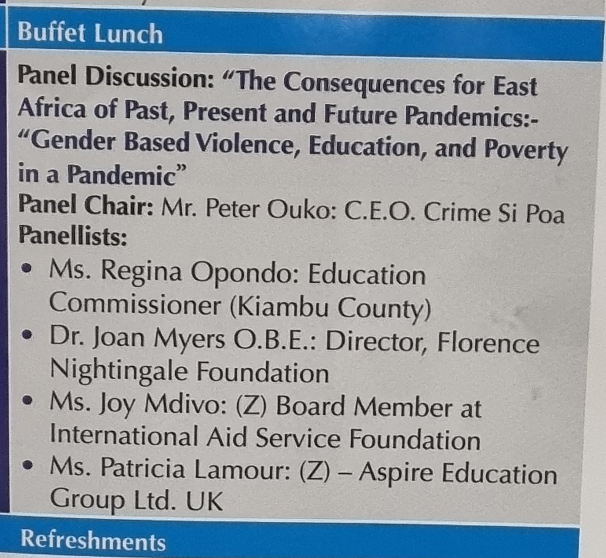 <a href="/MorwabeSylvia/">Sylvia Morwabe</a> eloquently Chairs Discussion - The Consequences for East Africa of Past, Present and Future Pandemics: Gender Based Violence, Education &amp; Poverty in a Pandemic <a href="/PatriciaLamour/">Patricia Lamour</a> <a href="/aspireeduca/">Aspire Education</a> <a href="/Joymdivo/">Joy Mdivo</a> <a href="/kijokijo1/">Sally Nyinza RN Msc/Bsc</a> <a href="/MercyWasike9/">Mercy Wasike</a> <a href="/SheilaSobrany/">Sheila Sobrany RGN RNT MA HE</a> <a href="/RuthOshikanlu/">Dr Ruth Oshikanlu MBE RN RM RHV QN FRCN FAAN FRSPH</a> <a href="/AkenkideE/">EA</a>