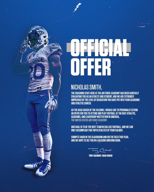 smitty4748's tweet photo. Blessed to announce that I have received an official offer from the United States Air Force Academy!💙 #GoFalcons https://t.co/kT3uIqMHyj