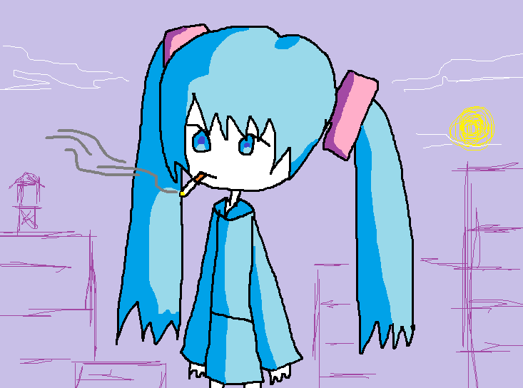 Frenski12's tweet photo. pondering weather i shold upload a drawing with a bunch of slurs or not...
here is a miku with a cig meanwhile. https://t.co/zAejy9ymz5