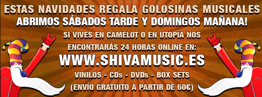 Sábados por la tarde y Domingos por la mañana abrimos como cada año para facilitaros las compras navideñas
Abiertos 24 horas en shivamusic.es
Hacemos envíos al País de las Maravillas
Un disco inolvidable te espera en Shiva Music!