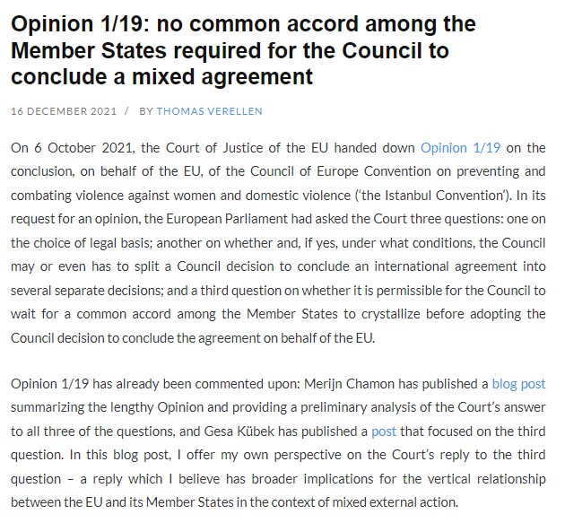 EuropeanLawBlog's tweet photo. Check out the newest post on the blog by @tverellen who offers his own perspective on the #CJEU's Opinion 1/19 and its implications for the vertical relationship between the EU and its Member States in the context of mixed #externalaction.
Read more at: https://t.co/F022aZaupn https://t.co/A99UdcvNV7