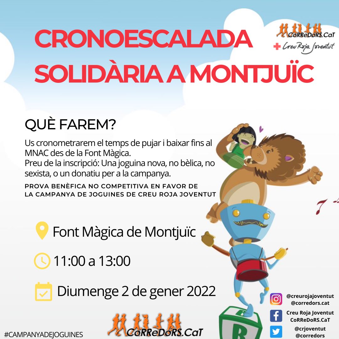 corredors's tweet photo. El diumenge 2 de gener de 2022 torna la CRONOESCALADA SOLIDÀRIA A MONTJUÏC!!

Aquest any sumem encara més sinergies amb @crjoventut perquè no hi hagi cap infant sense joguina. T’hi esperem!! ☺️🎁🏃🏻‍♀️🏃🏻‍♂️ #campanyadejoguines https://t.co/kh45vSP855