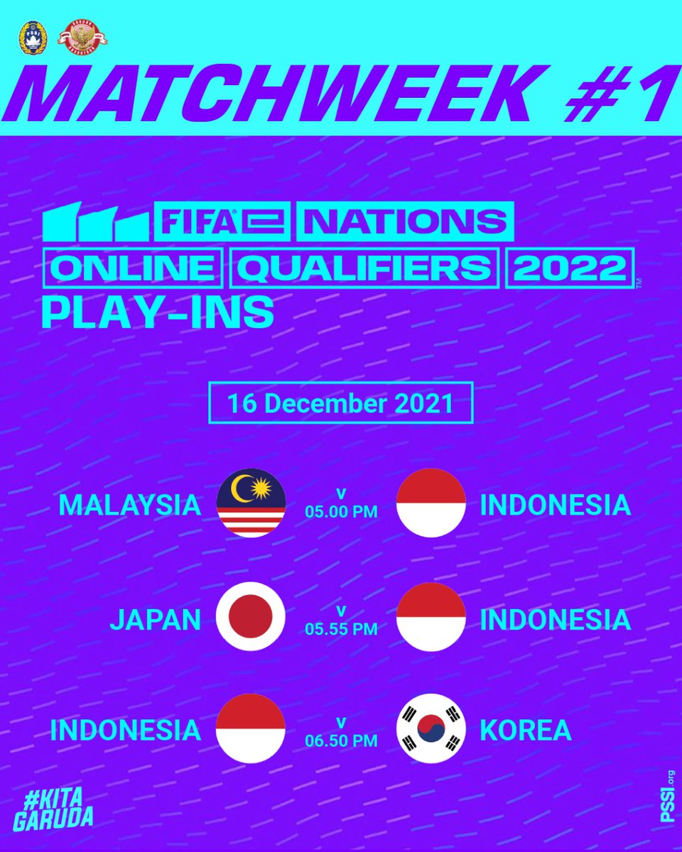 PSSI's tweet photo. eNational Squad Indonesia akan bertanding melawan Malaysia, Jepang, dan Korea dalam gelaran FIFAe Nations Online Qualifiers 2022, sore ini! 🔥

📺 Ayo, dukung skuad Indonesia berlaga hanya di Youtube PSSI TV.

#KitaGaruda #MeraihImpian #TimnasDay https://t.co/elhPFIZfo1