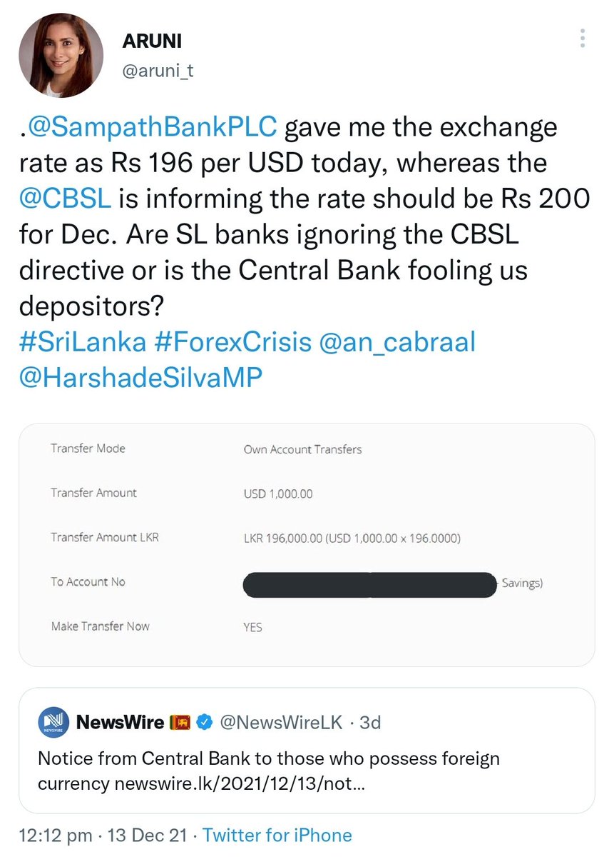 Welikumbura's tweet photo. When the government's official exchange is 1USD=200LKR, why people are getting a 1USD=196LKR rate at the banks?
@SampathBankPLC @ComBank_LK, you need to explain this.

#lka #SriLanka #economy #ExchangeRates https://t.co/h9DwWNrsmH
