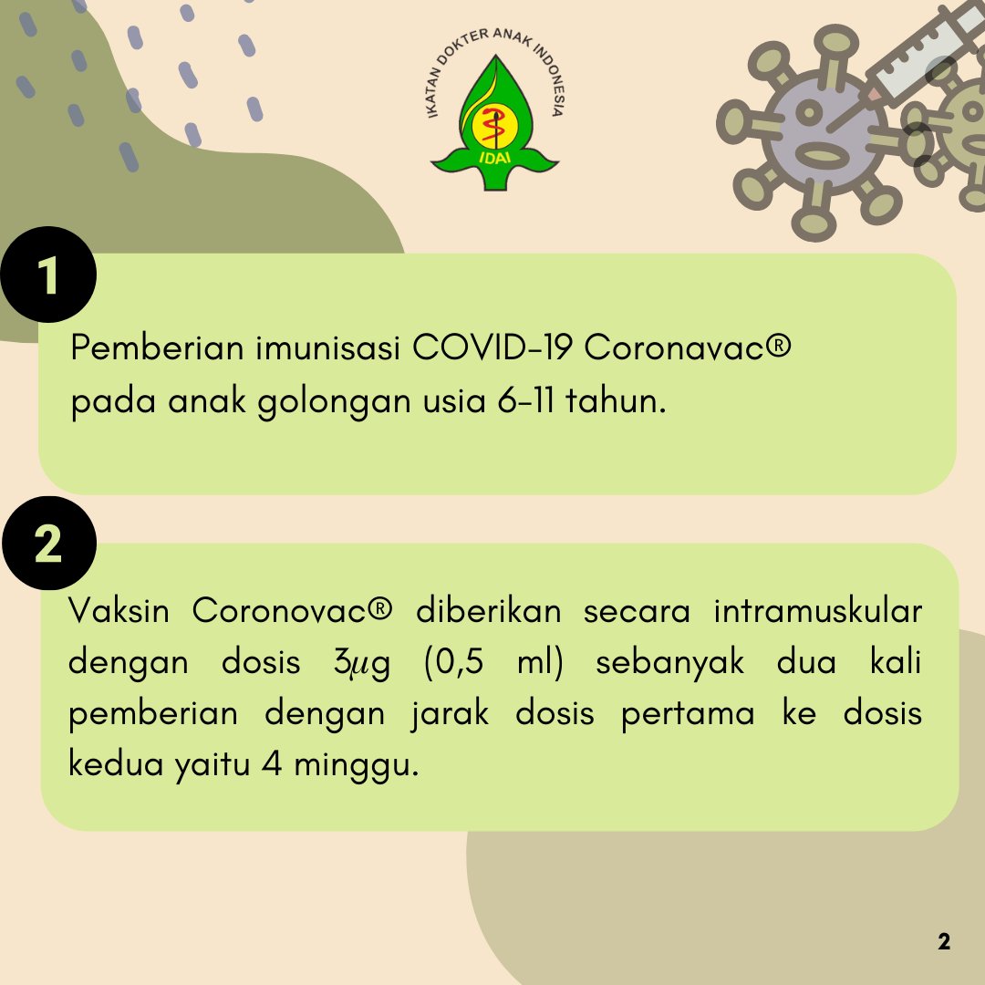 idai_tweets's tweet photo. Berikut rekomendasi dari Ikatan Dokter Anak Indonesia mengenai pemberian vaksin COVID-19 (Coronavac) pada anak usia 6-11 tahun (pemutakhiran 16 Desember 2021). Baca naskah lengkap melalui tautan berikut: https://t.co/hqnTVHxIFC
#COVID19
#RekomendasiIDAI
#IDAIStatement https://t.co/kKM9PvfzCM