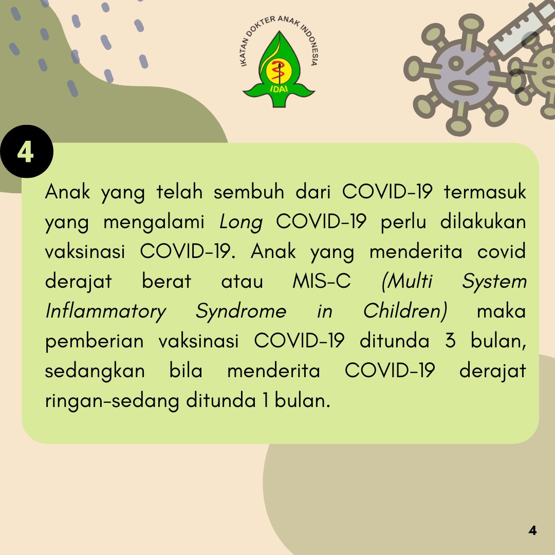 idai_tweets's tweet photo. Berikut rekomendasi dari Ikatan Dokter Anak Indonesia mengenai pemberian vaksin COVID-19 (Coronavac) pada anak usia 6-11 tahun (pemutakhiran 16 Desember 2021). Baca naskah lengkap melalui tautan berikut: https://t.co/hqnTVHxIFC
#COVID19
#RekomendasiIDAI
#IDAIStatement https://t.co/kKM9PvfzCM