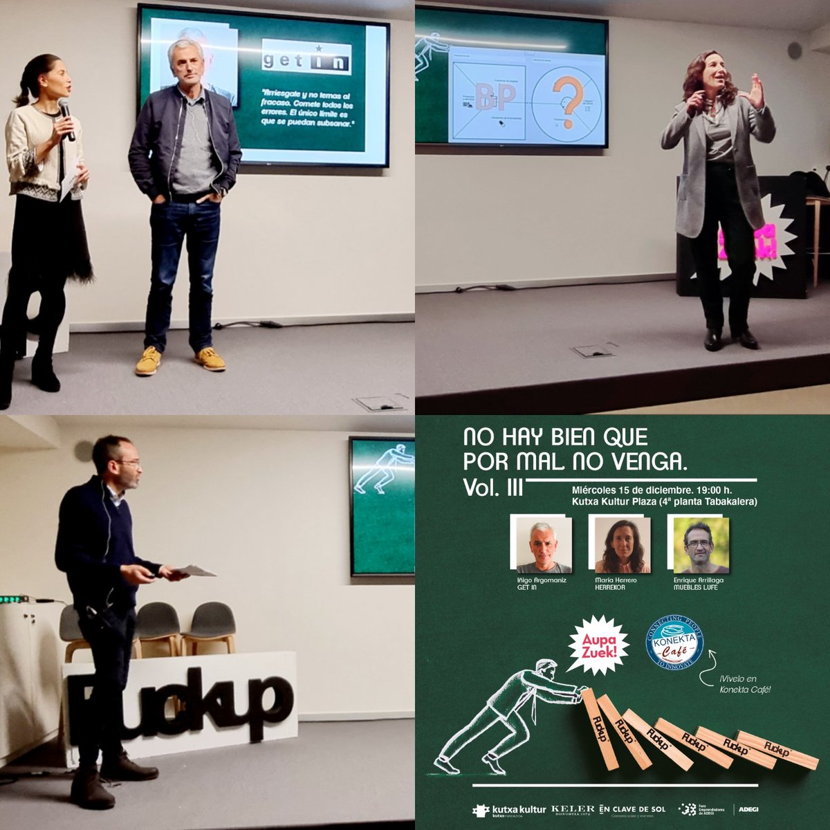 Kotxean's tweet photo. Para cerrar el año, siendo difícil reunir a personas alrededor de un evento, disfrutamos de un gran encuentro #AupaZuek + #FuckUpNights con 3 grandes emprendedores:
👉Enrique Arrillaga (Muebles Lufe)
👉Maria Herrero (Herrekor)
👉Iñigo Argomaniz (Get In)

#LaComunidadEmprendedora https://t.co/75TGgryqLQ