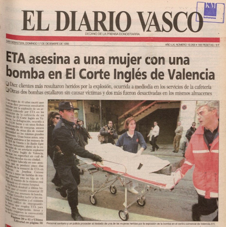 ConsuorF's tweet photo. ¿Sabías que en 1995 #TalDiaComoHoy #ETA sembró de bombas El Corte Inglés de Pintor Sorolla de #Valencia? Mató a Josefina Corresa.Buscaban una masacre. Causaron 8 heridos entre ellos su propia hija.

Tú podías haber estado ahí.

También #impune 

Hilo ⤵️ https://t.co/ozdbrL6ak1