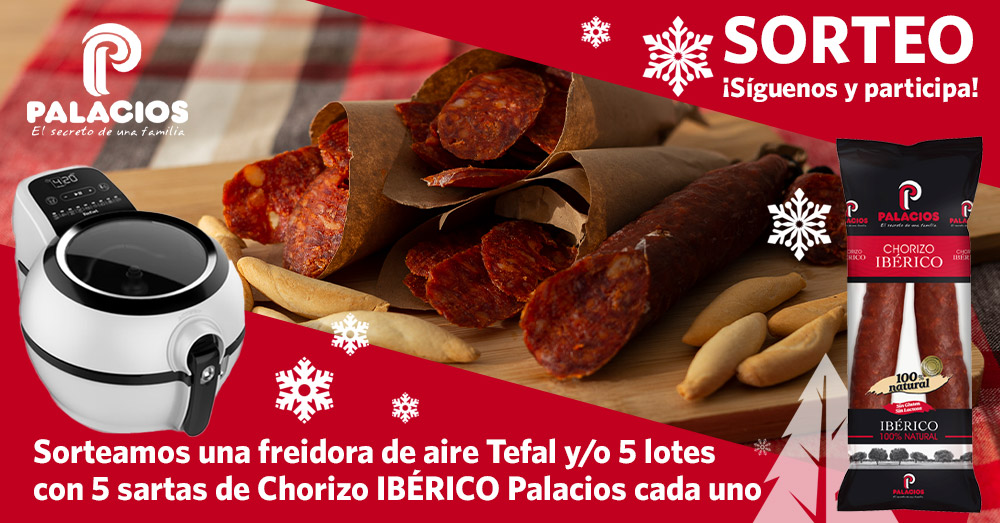 PalaciosGrupo's tweet photo. #SORTEO Participa y gana una freidora de aire Tefal y/o cinco lotes con 5 sartas de Chorizo Ibérico Palacios cada uno. ¿Cómo? Síguenos y escribe un comentario en los tweets del sorteo citando a las personas con las que vas a celebrar la Navidad. Bases: https://t.co/Dtoswy7E4I https://t.co/Inf2jRoImI
