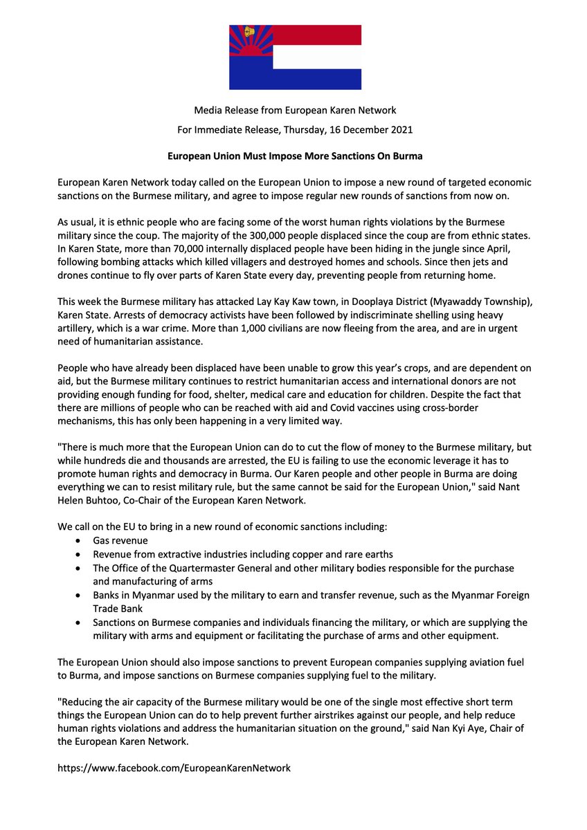 DVB_English's tweet photo. Following today's repeat invasion of KNU's Lay Kay Kaw Peace Village, The European Karen Network has called for the EU to increase target sanction against the Burmese military. 1/3 https://t.co/ChlIuHcBvz
