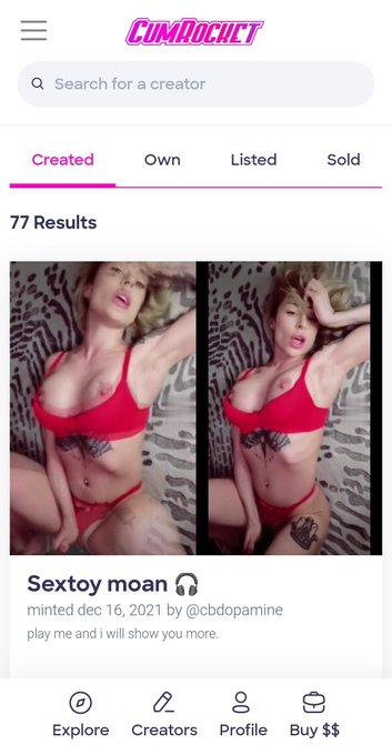 NSFW NFT vid launched on #CumRocket 💦🚀 with 🎧 on, the buyer get the full video😘  https://t.co/b921LHmpN3  #cummies<a href="/tag/cumrocket"class="tags">#CumRocket</a><a href="/tag/nsfw"class="tags"><span>#nsfw</span></a><a href="/tag/cummies"class="tags"><span>#cummies</span></a><a href="/tag/nftart"class="tags"><span>#nftart</span></a><a href="/tag/nfts"class="tags"><span>#nfts</span></a><a href="/tag/nftcommunity"class="tags"><span>#nftcommunity</span></a><a href="/tag/nftcollectors"class="tags"><span>#nftcollectors</span></a>