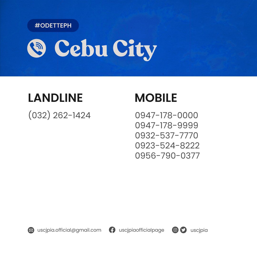 uscjpia's tweet photo. Typhoon Odette is here, JPIANs. ☔️⛈
Let’s weather the storm together and keep ourselves safe.

USC -JPIA brings you the following list of local emergency hotlines that may help you prepare for this typhoon. 

Stay safe, JPIANs!

#OdettePH #USCJPIA https://t.co/uk1kCm95jJ
