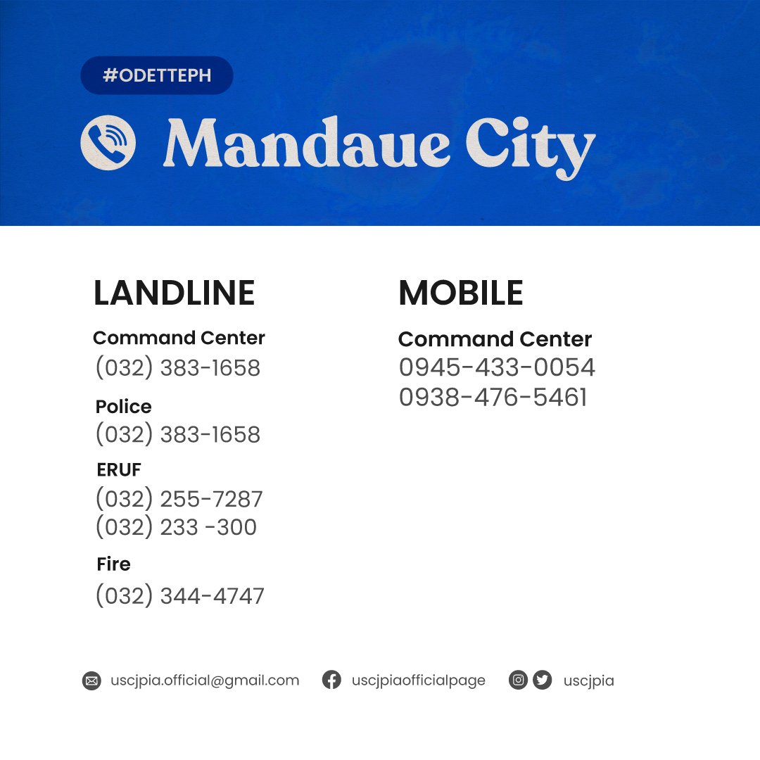 uscjpia's tweet photo. Typhoon Odette is here, JPIANs. ☔️⛈
Let’s weather the storm together and keep ourselves safe.

USC -JPIA brings you the following list of local emergency hotlines that may help you prepare for this typhoon. 

Stay safe, JPIANs!

#OdettePH #USCJPIA https://t.co/uk1kCm95jJ
