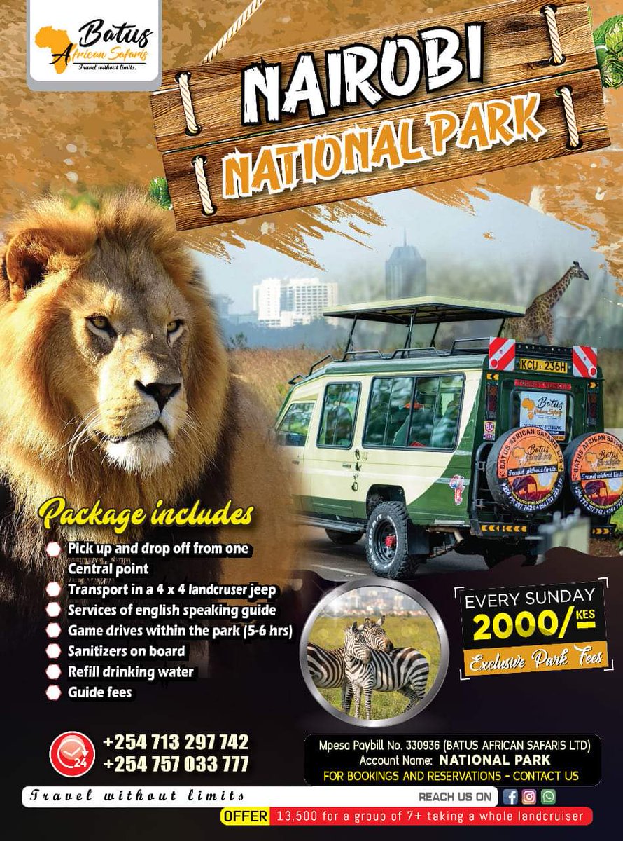 BATUS_SAFARIS's tweet photo. Be part of the magical kenya.
Come witness it all.
Be part of the celebrations. 

For bookings and reservations contact us on call 📞/ WhatsApp 0713 297 742 or 0773 812 703 

#NairobiParkAt75 https://t.co/87cwWrvZB8