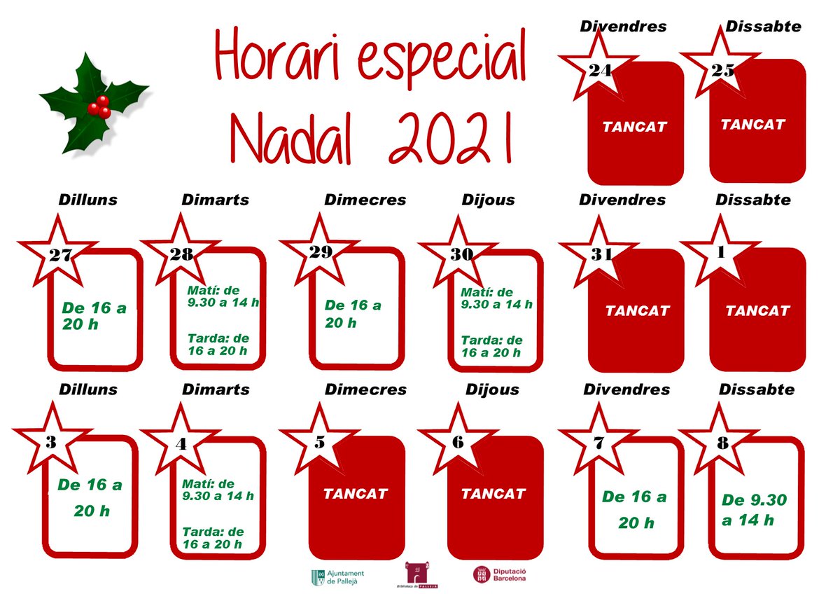 🎄La Biblioteca tindrà un horari especial aquestes festes de Nadal. 
Els dies 24, 25, 31 de desembre i l'1, 5 i 6 de gener romandrà tancada. 
Des de la Biblioteca de Pallejà us volem desitjar bones festes i pròsper any nou!