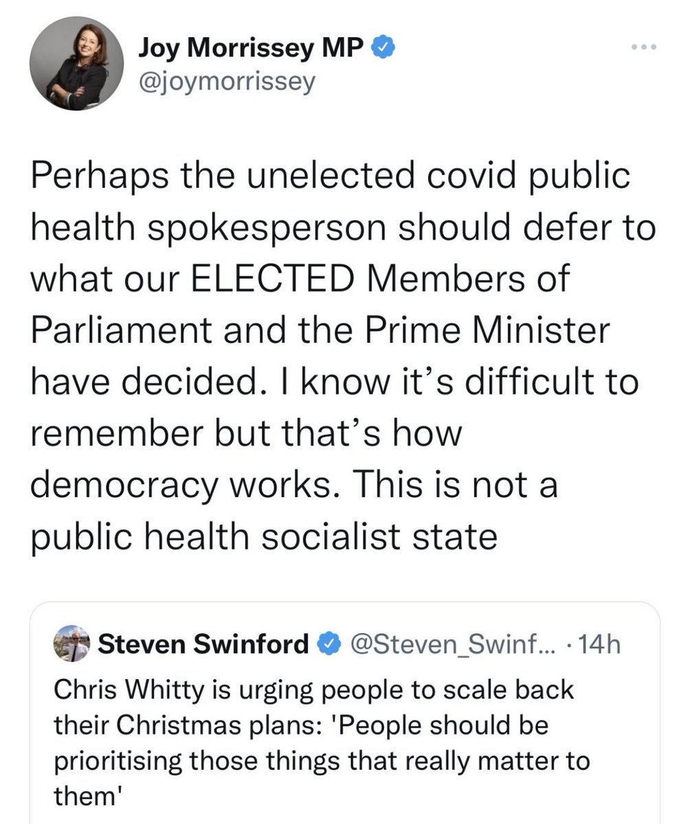 Dear <a href="/joymorrissey/">Joy Morrissey MP</a>,

You may not *like* what the science leads public health experts to recommend.

You may even think it’s just fine to attack <a href="/CMO_England/">Professor Chris Whitty</a> in the middle of a global pandemic. 

But surely you’re not actually suggesting he can’t offer a public opinion?

Surely?