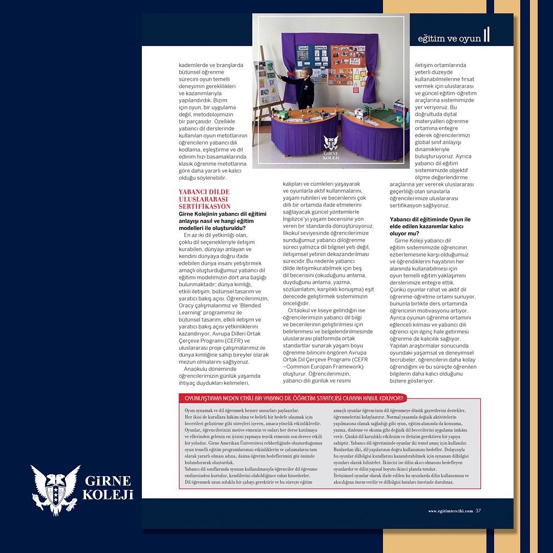 Yabancı Diller Koordinatörümüz Uğur Yıldız Girne Kolejinin global vizyonunda yabancı dil eğitiminin önemini Artı Eğitim Dergisindeki röportajında anlattı. #GirneKoleji #DünyanınKapılarıSanaAçık
