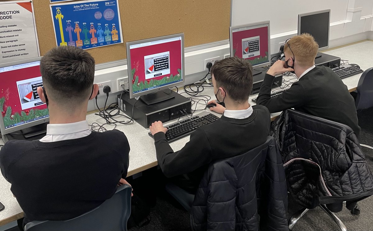 MrTennetCompSci's tweet photo. AH Computing Science class working hard and having fun solving the cyphers and puzzles in the @dressCodeHQ Cyber Advent Calendar @LasswadeHSC https://t.co/jmsBj0w7uZ