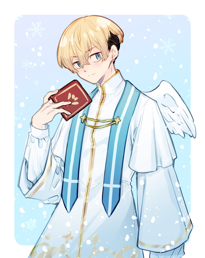 1boy male focus blonde hair blue eyes solo wings holding  illustration images