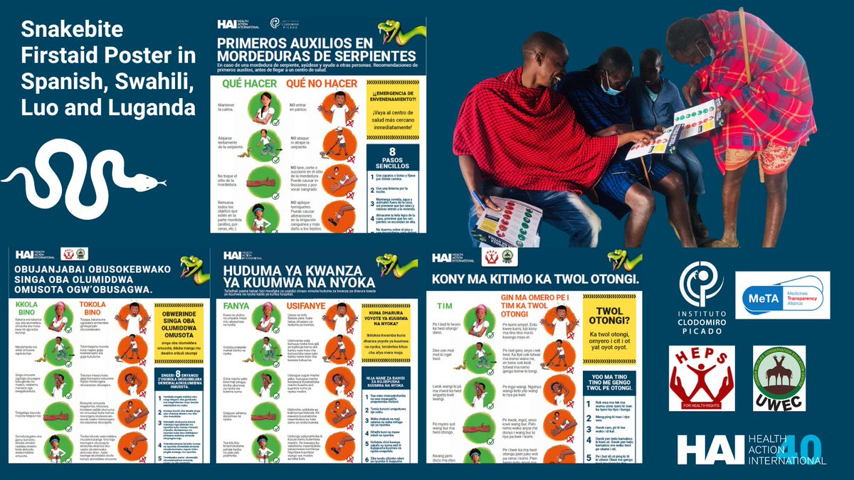 HAImedicines's tweet photo. We're really happy that our #Snakebite Firstaid Poster is now also available in Luganda, Luo, Spanish, &amp; Swahili! Many thanks to our partners @hepsuganda, @UWEC_EntebbeZoo, Instituto Clodomiro Picado @UniversidadCR, &amp; @MeTAKenya2018. Download a copy at https://t.co/efHgoISSKz https://t.co/3StIezbHGB
