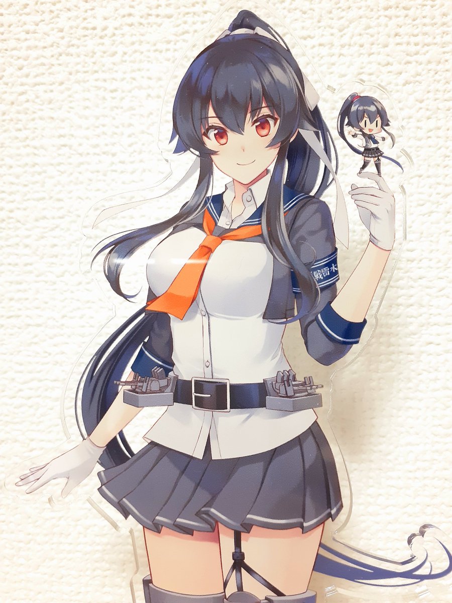 yahagi (kancolle) skirt long hair sailor collar pleated skirt black hair ponytail thighhighs  illustration images