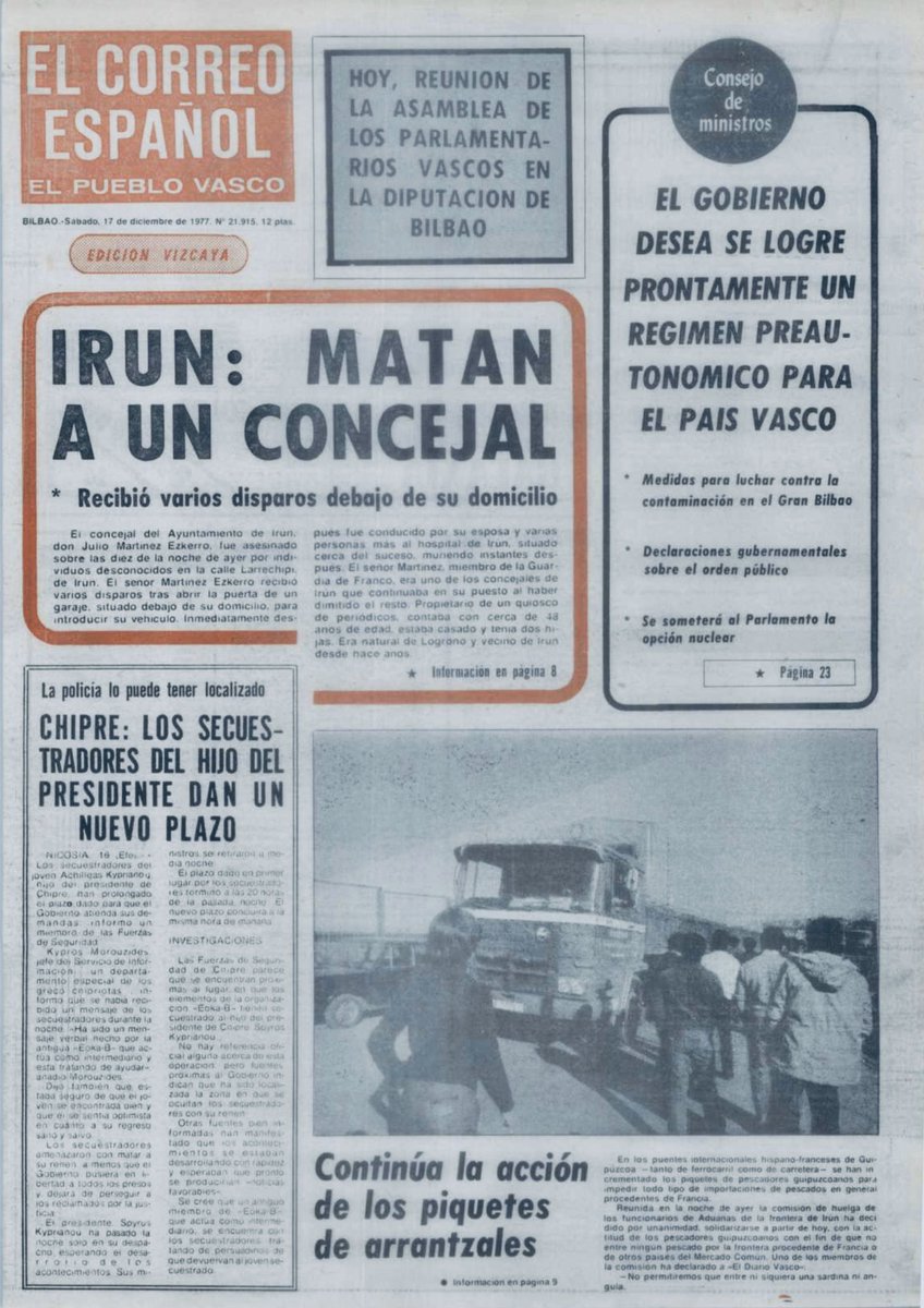 ConsuorF's tweet photo. #TalDiaComoHoy de 1977 #ETA asesinó en #Irun a Martínez Ezquerro era concejal del Ayto, le mataron cuando entraba a su garaje, su mujer oyó los disparos y bajó corriendo, pidió ayuda para levantar a su marido pero nadie le ayudó "sólo miraban".

Hilo ⤵️ https://t.co/hQgOMJtVmx