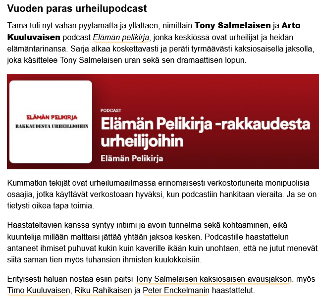 EPelikirja's tweet photo. Herranjestas! Vuoden paras urheilupodcast: Elämän Pelikirja. 

Tsekkaa, jos et usko:➡️https://t.co/Mcq8qKDunA

Kylläpäs lämmittää sielua ja sydäntä tällaisen kunnianosoitukset. Kiitos @seuran! Tänään #muuten julkaistaan yksi podcastin historian rajuimmista tarinoista. Stay tuned. https://t.co/d3XMdY8Lz0