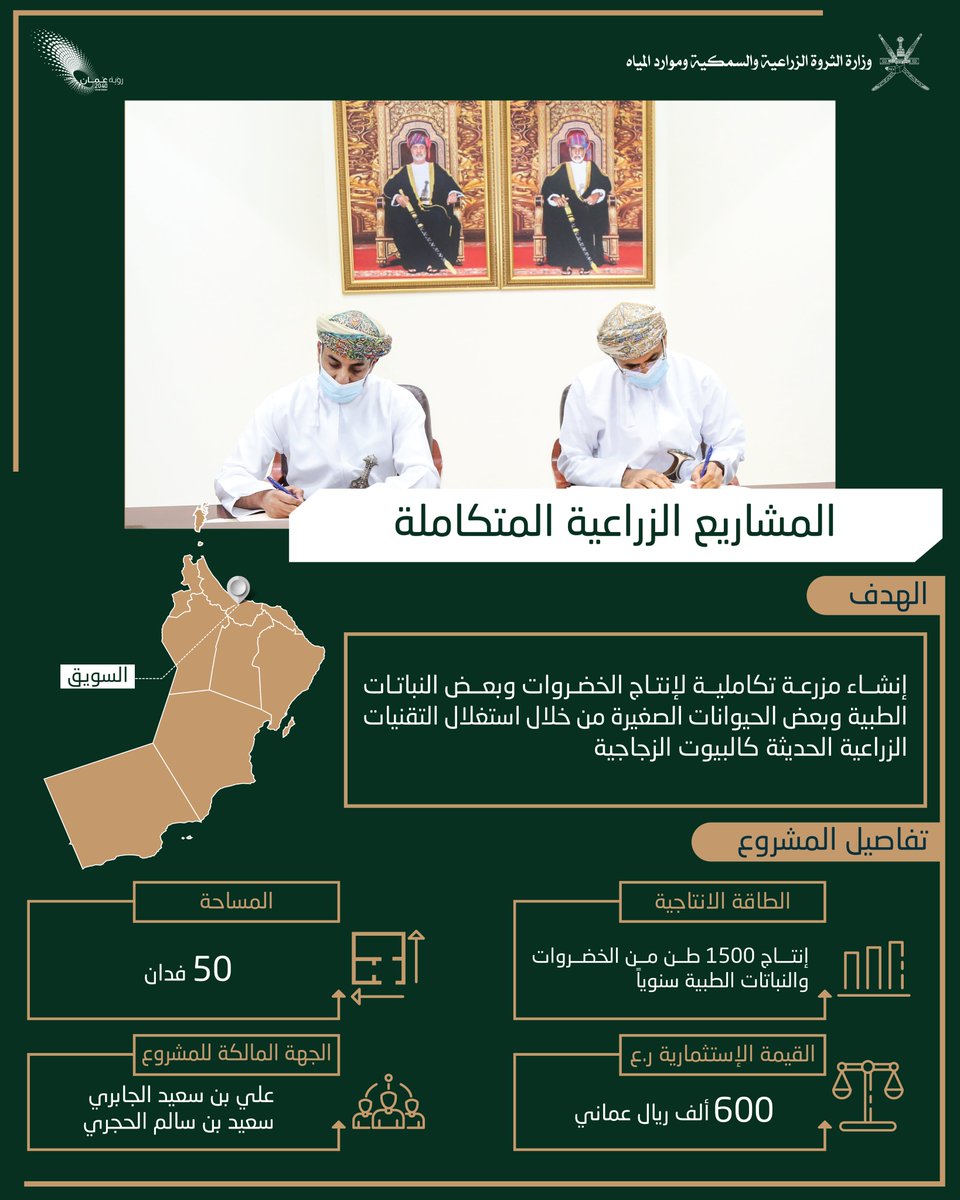 MAFWR_OM's tweet photo. وقعت الوزارة 4 اتفاقيات للاستثمار الزراعي والحيواني بهدف تعزير الاستثمارات الغذائية في سلطنة عُمان بقيمة إجمالية بلغت أكثر من 12 مليون ريال عُماني. وتأتي هذه الاتفاقيات ضمن مخرجات مختبر #الأمن_الغذائي 
التفاصيل 🔻
https://t.co/lBRhc7GqAw https://t.co/b1WYEM84Bk