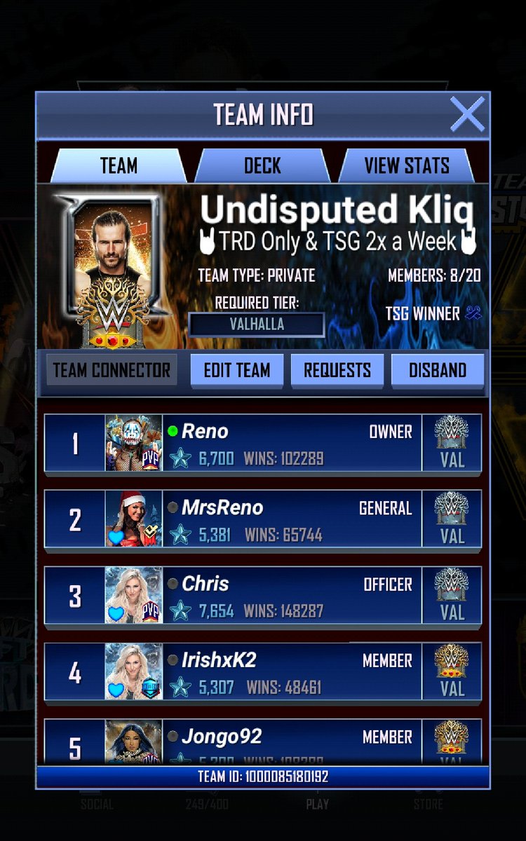 UndisputedReno's tweet photo. Val++ Team looking for members! TRD ONLY WITH 2 TSG A WEEK! A few were removed for inactivity. Below you will see our TRD &amp; TSG results! Only did 1 card this week as we refuse to give cards to freeloaders! If interested Apply in game or in game message or DM! #WWESuperCard https://t.co/U2Txn08KJZ