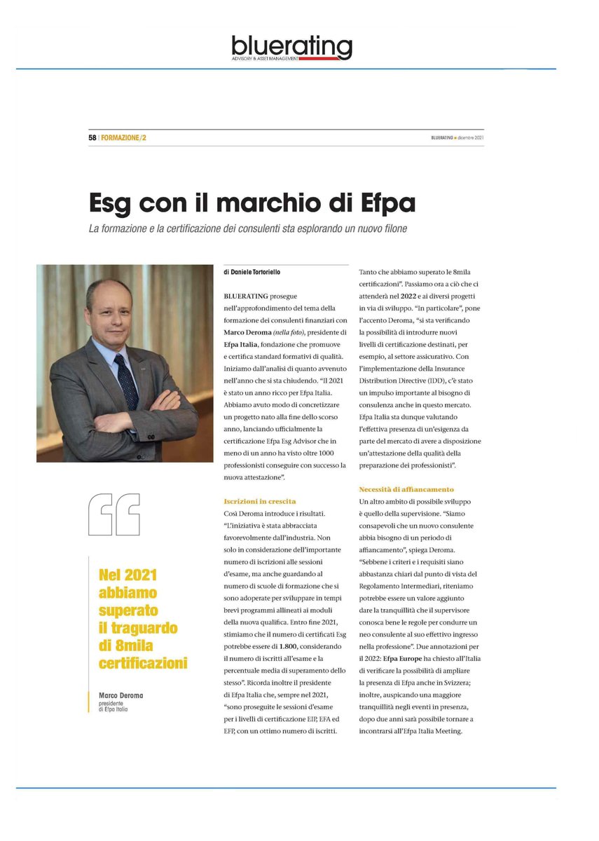 mymediarelation's tweet photo. @MDeroma, Presidente di @EfpaItalia, analizza il 2021: è stata lanciata la #certificazione Efpa Esg Advisor che in meno di un anno ha visto oltre 1000 #professionisti conseguire con successo la nuova attestazione. @bluerating_com

#Sustainability #ESG #green #sustainablefinance https://t.co/dnckvLBziA