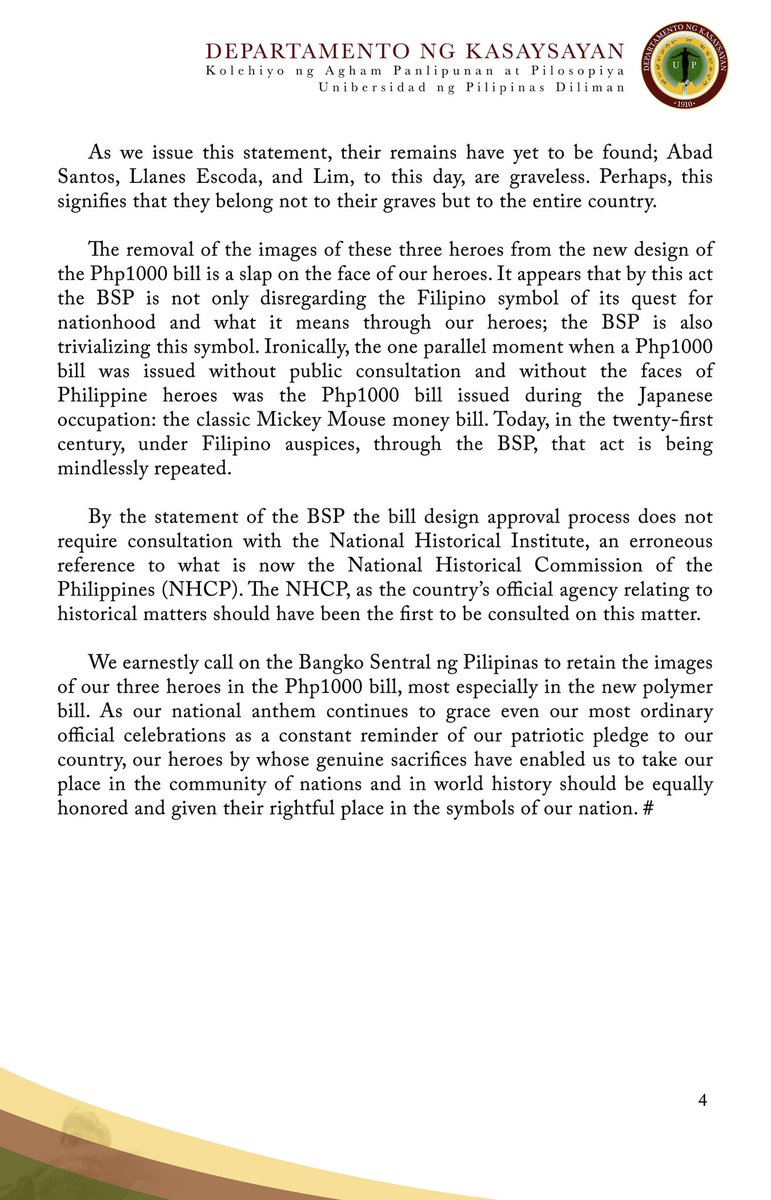 UPDHistory's tweet photo. UP Department of History

Statement on the Php1,000 Bill Controversy
16 December 2021 https://t.co/ERwM3MhISz