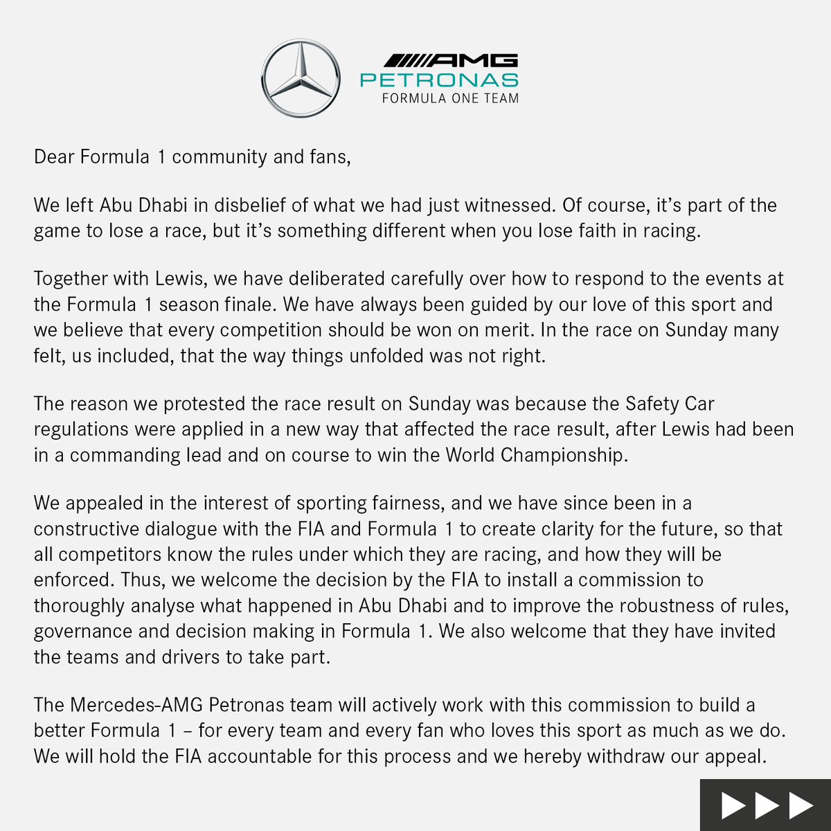 YMutawe's tweet photo. @MercedesAMGF1 have WITHDRAWN their appeal against the @fia over @LewisHamilton's controversial loss of the @F1 world title, cementing @Max33Verstappen's first championship success for @redbullracing https://t.co/4l5MUj8VV9