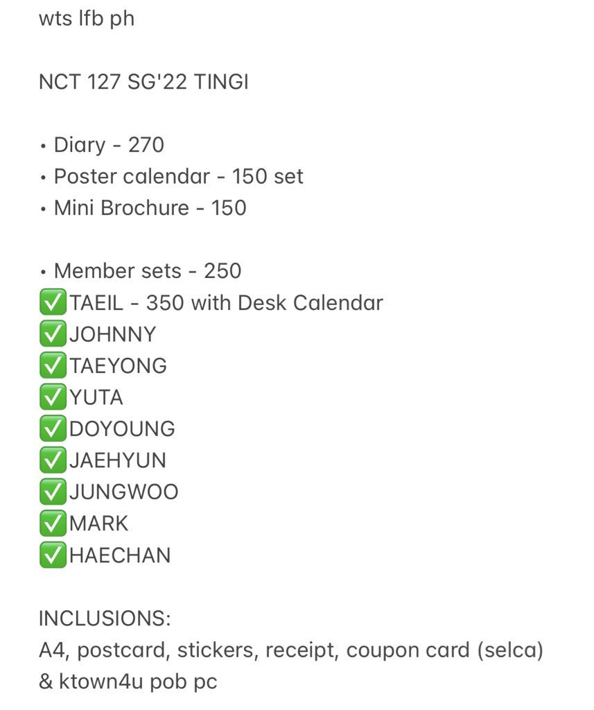 simp4aussieboi's tweet photo. ‼️ wts lfb ph ‼️

NCT127 Season Greetings ‘22 Tingi

comment mine + item
Normal ETA (jan-feb)

dop -  dec.22

mop - gcash
mod - ggx https://t.co/gAiOXzpx11
